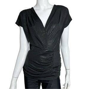 Bebe Embossed Reptile Print Short Sleeve V-Neck Black Faux Leather & Wrap Blouse